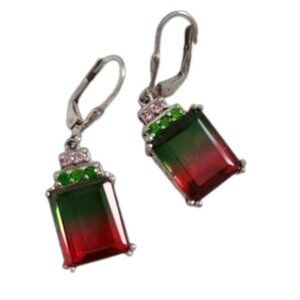 Vintage Sterling Silver Watermelon Tourmaline Red Green Crystal Drop Earrings